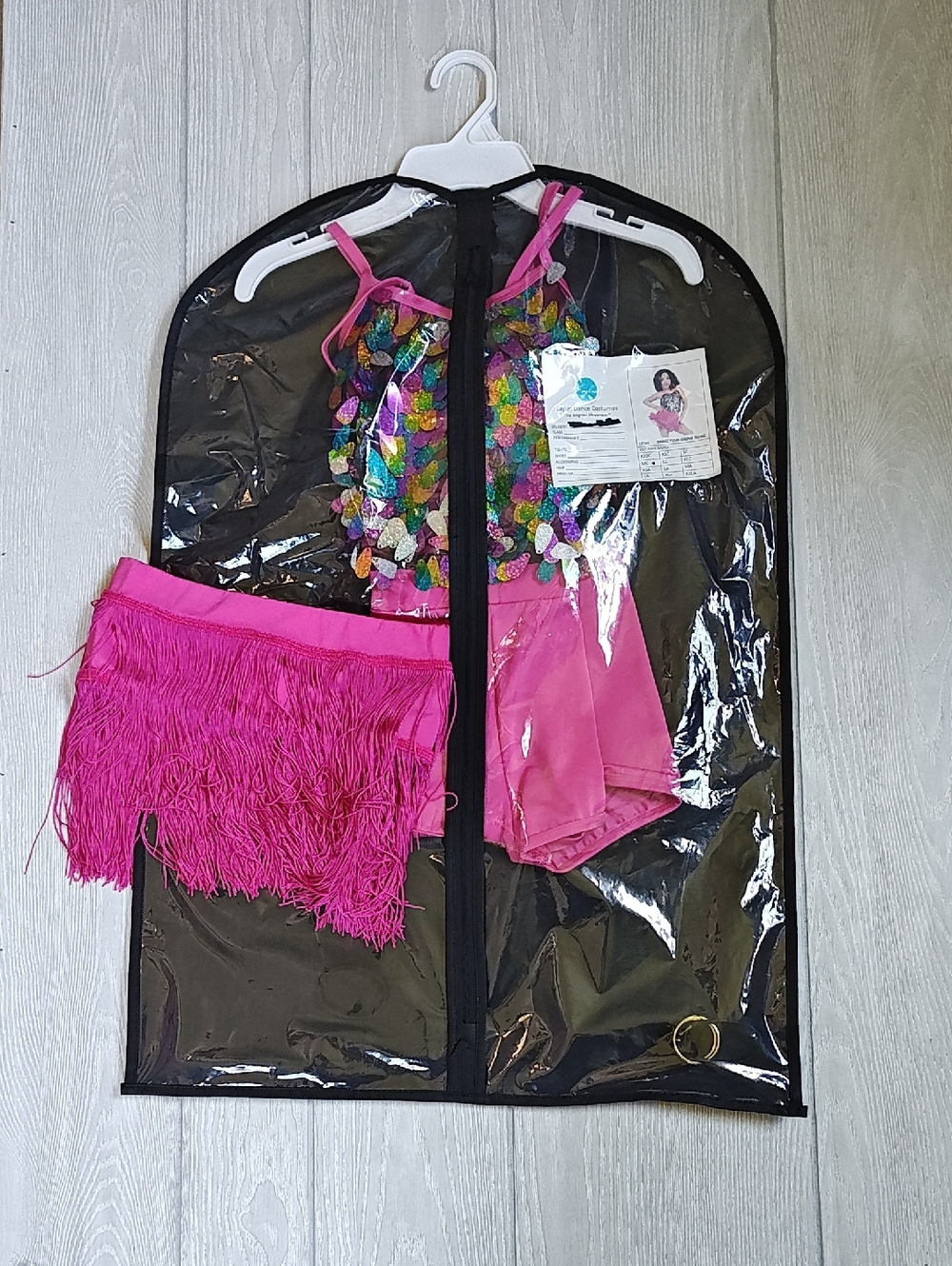 Laylas Dance Costume - Multicolor Sequin Top with Hot Pink Fringe Skirt Sz MC